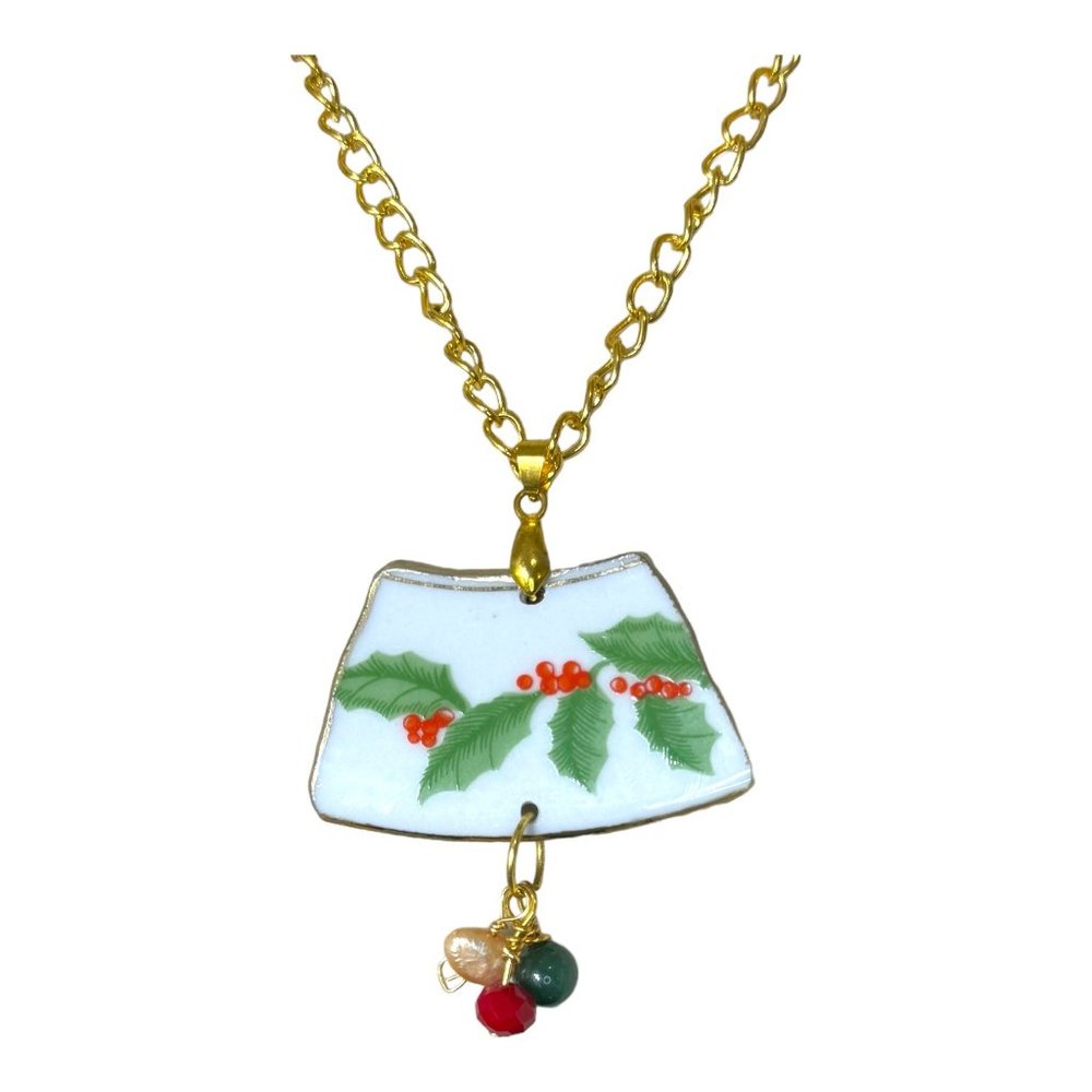 Holly Broken China Artisan Pendant w/ Pearls & Coral Berries & Bows Collection - Picture 7 of 17